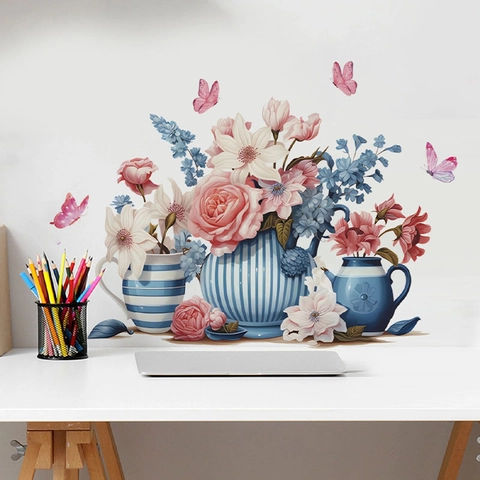 Floral Vase Wall Sticker Pink Rose Blue Flower Butterfly Removable PVC Self-Adhesive Wall Decal For Bedroom Living Room Home Decor