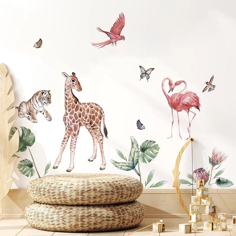 Autocollant Mural Animaux Aquarelle Girafe Tigre Flamant Rose Feuilles Tropicales PVC Imperméable Décoration Chambre Enfant