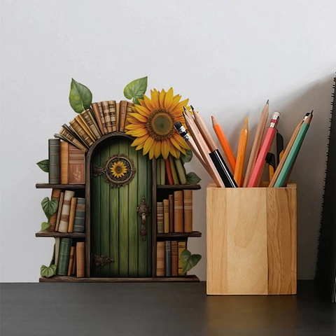 Creatieve 3D Groene Sprookjesdeur Wandsticker Zonnebloem Boekenplank Bedrukt PVC Zelfklevend Waterdicht Decals Voor Woonkamer Keuken Home Decor
