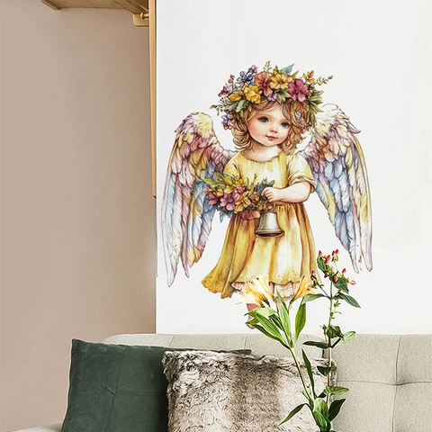 Cute Angel Girl With Flower Wreath Wall Sticker Watercolor PVC Self Adhesive Decal For Kids Bedroom Living Room Home Decor