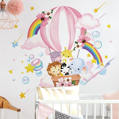 Pegatinas de Pared de Animales de Dibujos Animados Globo Aerostático Arcoíris para Habitación Infantil PVC Impermeable