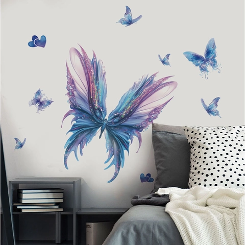 Blue Purple Butterfly Wall Stickers Dreamy Watercolor Heart Removable PVC Self Adhesive Wall Decals For Home Bedroom Decor