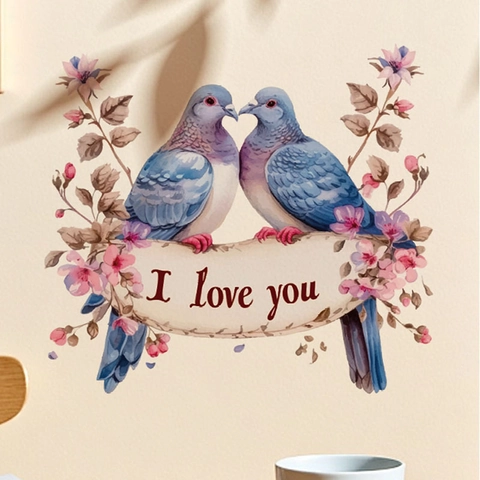 Romantisch Duivenpaar I Love You Muursticker PVC Waterdicht Bloemen Vogel Decal Voor Keuken Slaapkamer Woonkamer Decoratie