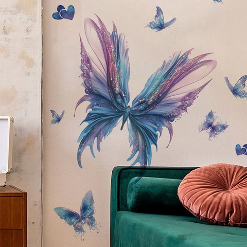 Blue Purple Butterfly Wall Stickers Dreamy Watercolor Heart Removable PVC Self Adhesive Wall Decals For Home Bedroom Decor