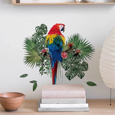 Sticker Mural Perroquet Feuilles Tropicales PVC Imperméable Amovible Décalcomanie Animale pour Salle de Bain Cuisine Salon Maison