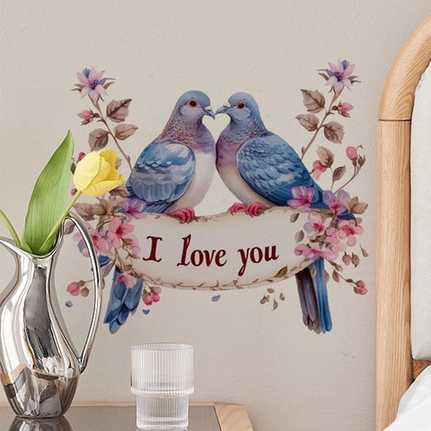 Romantisch Duivenpaar I Love You Muursticker PVC Waterdicht Bloemen Vogel Decal Voor Keuken Slaapkamer Woonkamer Decoratie