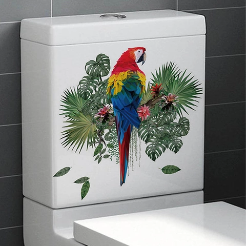 Sticker Mural Perroquet Feuilles Tropicales PVC Imperméable Amovible Décalcomanie Animale pour Salle de Bain Cuisine Salon Maison