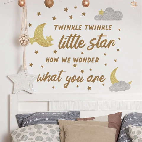 Adesivo Da Parete Twinkle Twinkle Little Star Brillantini Luna Stelle Nuvole PVC Autoadesivo Decalcomania Per Cameretta Bambini