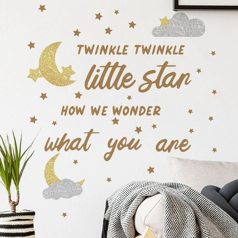 Adesivo Da Parete Twinkle Twinkle Little Star Brillantini Luna Stelle Nuvole PVC Autoadesivo Decalcomania Per Cameretta Bambini