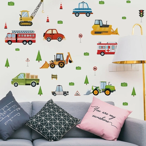 Cartoon Construction Vehicle Wall Stickers For Kids Room Decor Waterproof PVC Excavator Fire Truck Nursery Wall Decals