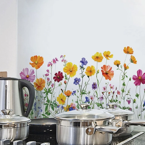 Kleurrijke Wilde Bloemen Muurstickers PVC Waterdicht Zelfklevend Bloemen Muurschildering Voor Woonkamer Slaapkamer Keuken Decor