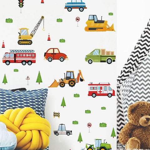 Cartoon Construction Vehicle Wall Stickers For Kids Room Decor Waterproof PVC Excavator Fire Truck Nursery Wall Decals