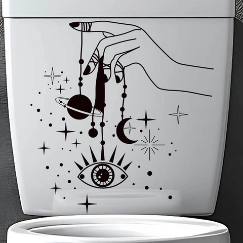 Pegatina de Inodoro de PVC de Mano Mística Misteriosa Luna Estrellas Ojo Boho Decoración de Pared Impermeable Arte de Baño