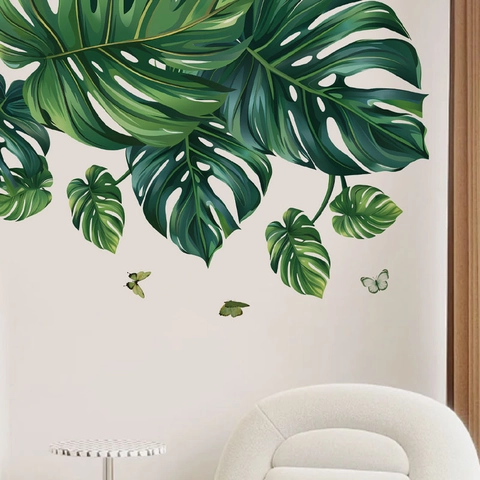 Adesivi Murali con Foglie di Monstera Tropicali e Farfalle Pianta Verde PVC Autoadesivo Decalcomania per Soggiorno Casa