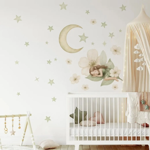 Autocollants Muraux Dessin Animé Fée Lune Étoiles Imperméable PVC Amovible Décoratif Mural Décalcomanie pour Chambre d'Enfant Crèche