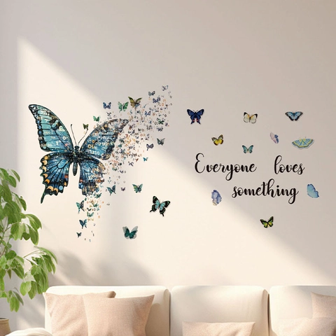Beau Sticker Mural Papillon Bleu Avec Citation Everyone Loves Something Amovible PVC Imperméable Autocollant Décoration Maison