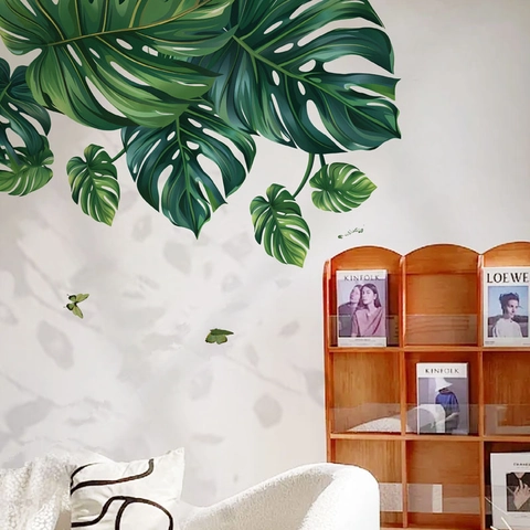 Adesivi Murali con Foglie di Monstera Tropicali e Farfalle Pianta Verde PVC Autoadesivo Decalcomania per Soggiorno Casa