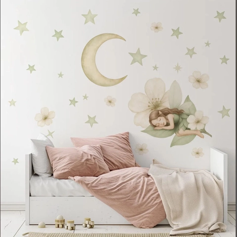 Autocollants Muraux Dessin Animé Fée Lune Étoiles Imperméable PVC Amovible Décoratif Mural Décalcomanie pour Chambre d'Enfant Crèche