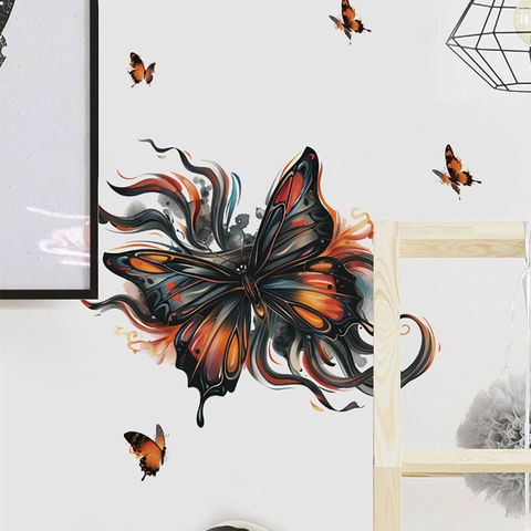 Künstlerisches Aquarell Schmetterling Wandaufkleber Set Abnehmbares PVC Selbstklebend Rot Schwarz Orange Schmetterling Wandtattoos Für Wohnzimmer Schlafzimmer
