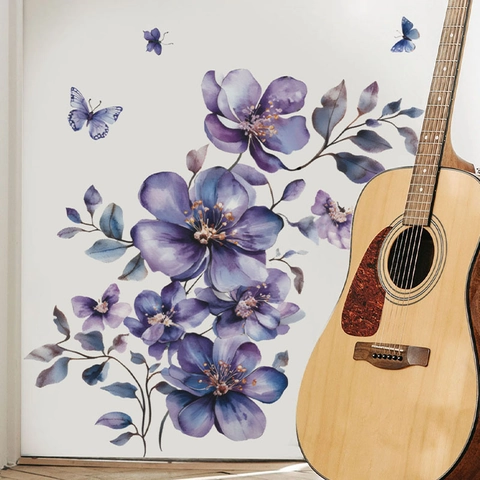Purple Watercolor Flower Butterfly Wall Stickers Waterproof PVC Removable Floral Decals For Bedroom Living Room Home Decor
