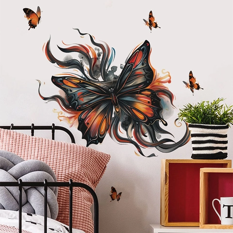 Künstlerisches Aquarell Schmetterling Wandaufkleber Set Abnehmbares PVC Selbstklebend Rot Schwarz Orange Schmetterling Wandtattoos Für Wohnzimmer Schlafzimmer