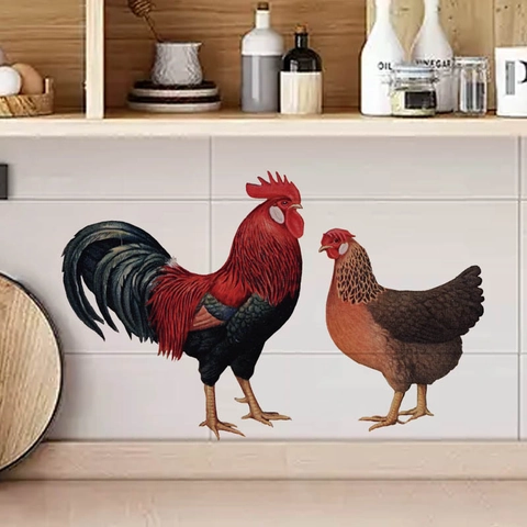 Funny Rooster And Hen Kitchen Wall Stickers PVC Self Adhesive Removable Animal Wall Decals For Home Kitchen Dining Room Decor