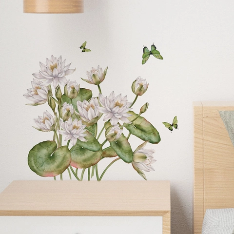 Waterproof Lotus Flower Wall Sticker Watercolor Self Adhesive PVC Butterfly Decal For Bathroom Toilet Home Decor