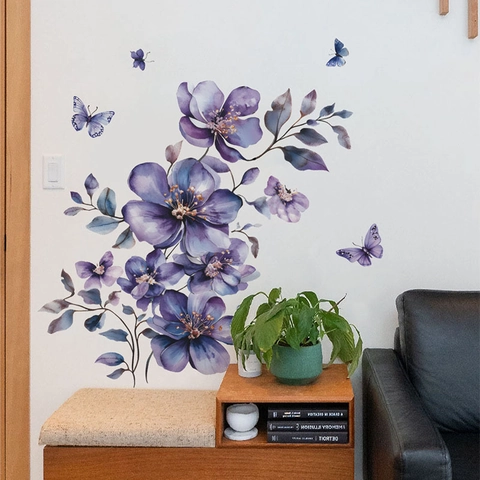 Purple Watercolor Flower Butterfly Wall Stickers Waterproof PVC Removable Floral Decals For Bedroom Living Room Home Decor