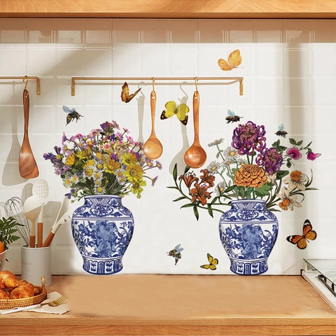 Blue And White Porcelain Vase Flower Wall Stickers Removable PVC Waterproof Floral Butterfly Wall Decals For Home Decor