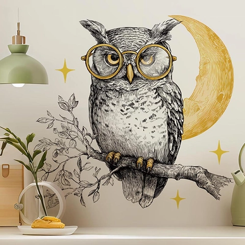 Sticker Mural Moderne Minimaliste Hibou Sage Avec Lunettes Lune Étoiles Croquis PVC Autocollant Imperméable Décoration Maison