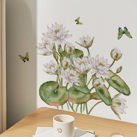 Waterproof Lotus Flower Wall Sticker Watercolor Self Adhesive PVC Butterfly Decal For Bathroom Toilet Home Decor
