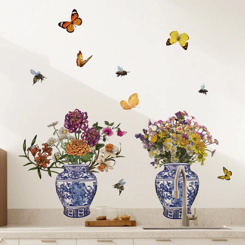 Blue And White Porcelain Vase Flower Wall Stickers Removable PVC Waterproof Floral Butterfly Wall Decals For Home Decor