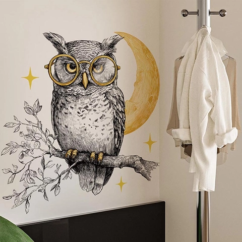 Sticker Mural Moderne Minimaliste Hibou Sage Avec Lunettes Lune Étoiles Croquis PVC Autocollant Imperméable Décoration Maison