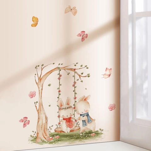 Cute Watercolor Bunny On Swing Toilet Sticker Colorful Rabbit Flowers PVC Wall Decal For Bathroom Kitchen Home Decor