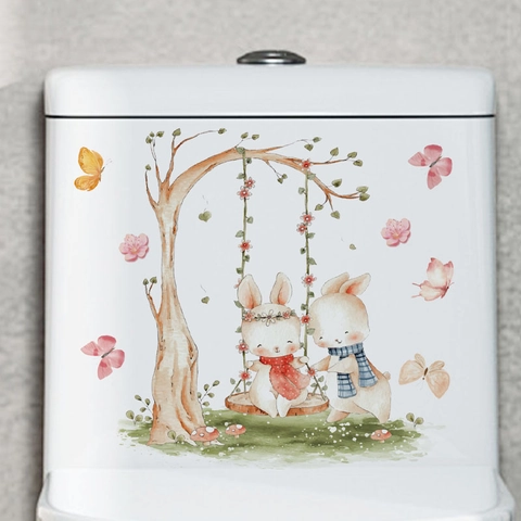 Cute Watercolor Bunny On Swing Toilet Sticker Colorful Rabbit Flowers PVC Wall Decal For Bathroom Kitchen Home Decor