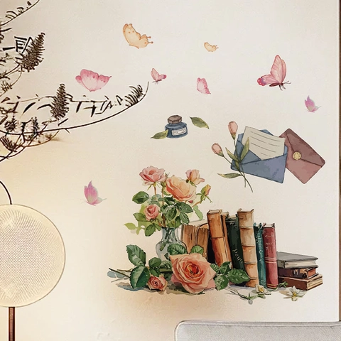 Vintage Watercolor Rose Flower Butterfly Wall Stickers Waterproof PVC Removable Decal For Living Room Bedroom Kitchen Home Decor