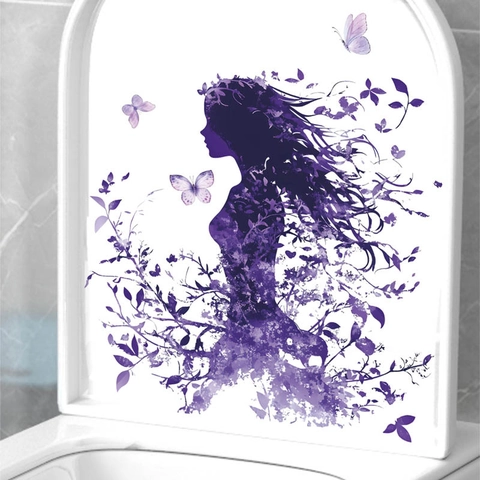 Adesivo Murale Silhouette Donna Viola PVC Impermeabile Floreale Farfalla Decalcomania per Bagno Toilette Casa Decorazione