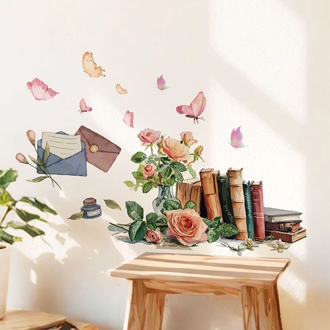 Vintage Watercolor Rose Flower Butterfly Wall Stickers Waterproof PVC Removable Decal For Living Room Bedroom Kitchen Home Decor