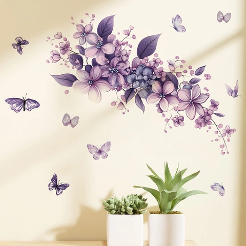 Lila Blumen Schmetterling Wandaufkleber Wasserdicht PVC Aquarell Floral Wandtattoos Für Wohnzimmer Küche Schlafzimmer Deko