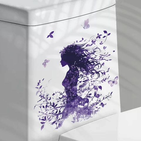 Adesivo Murale Silhouette Donna Viola PVC Impermeabile Floreale Farfalla Decalcomania per Bagno Toilette Casa Decorazione