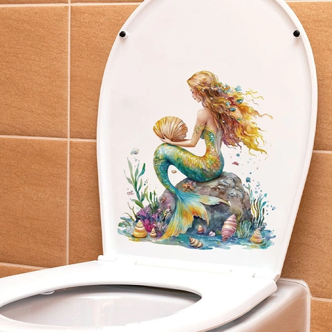 Aquarell Meerjungfrau Badezimmer Wandaufkleber Selbstklebend PVC Toilettendeckel Aufkleber Meerjungfrau Dekorativer Aufkleber Wohnkultur