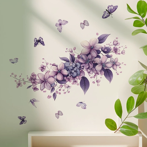 Lila Blumen Schmetterling Wandaufkleber Wasserdicht PVC Aquarell Floral Wandtattoos Für Wohnzimmer Küche Schlafzimmer Deko