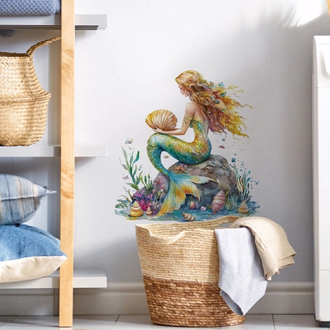 Aquarell Meerjungfrau Badezimmer Wandaufkleber Selbstklebend PVC Toilettendeckel Aufkleber Meerjungfrau Dekorativer Aufkleber Wohnkultur