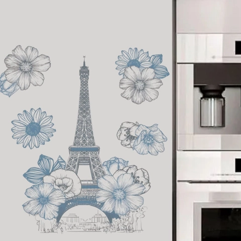 Stile Francese Arte al Tratto Blu Torre Eiffel Fiori Adesivi da Parete PVC Impermeabile Autoadesivo Arredo per Cucina Frigo