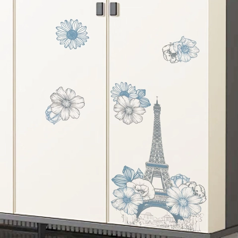 Stile Francese Arte al Tratto Blu Torre Eiffel Fiori Adesivi da Parete PVC Impermeabile Autoadesivo Arredo per Cucina Frigo