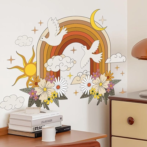 Adesivi Murali Boho Arcobaleno Sole Luna Toni Terra Vintage Decalcomanie in PVC per Cameretta Bambini Camera da Letto Soggiorno