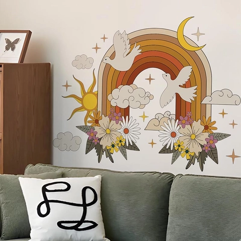 Adesivi Murali Boho Arcobaleno Sole Luna Toni Terra Vintage Decalcomanie in PVC per Cameretta Bambini Camera da Letto Soggiorno