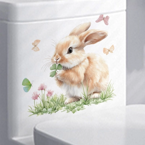 Sticker Toilettes Lapin Aquarelle Imperméable PVC Autocollant Mural Pour Cuisine Salle De Bain Papillon Trèfle