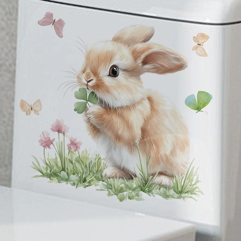 Sticker Toilettes Lapin Aquarelle Imperméable PVC Autocollant Mural Pour Cuisine Salle De Bain Papillon Trèfle