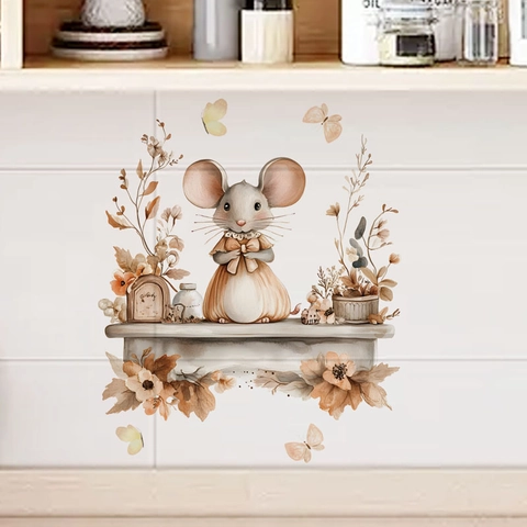 Cute Watercolor Mouse Wall Sticker PVC Self Adhesive Cartoon Animal Floral Decal For Kitchen Dining Cabinet Home Decor